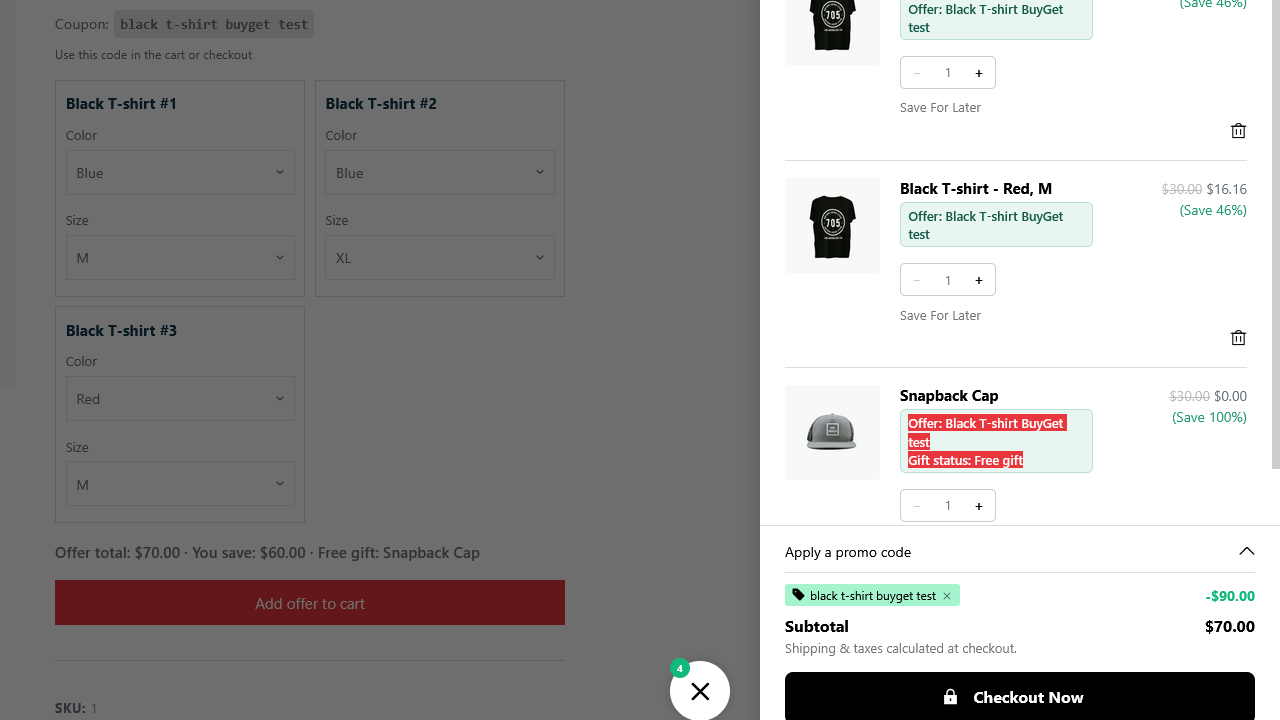 BuyGet offer and gift applied in the WooCommerce cart and checkout