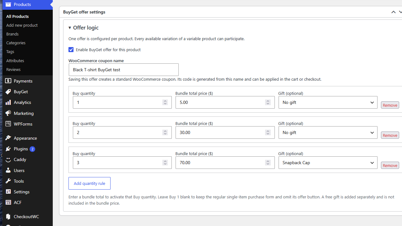 BuyGet product settings for quantity, bundle prices and optional gifts