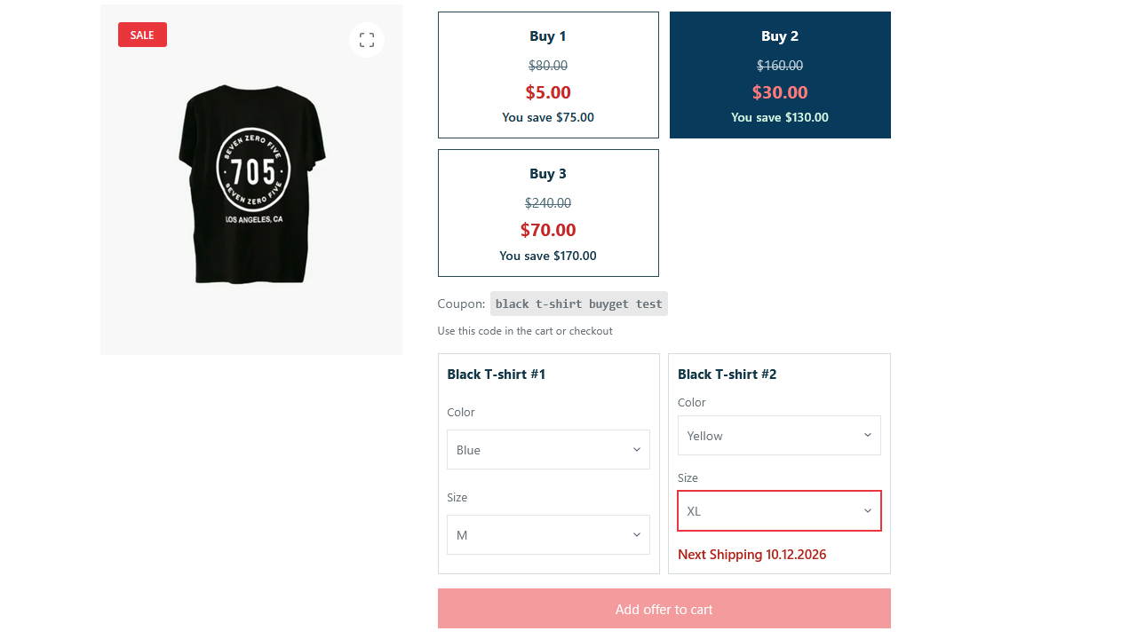 BuyGet quantity offer with product options on a WooCommerce product page