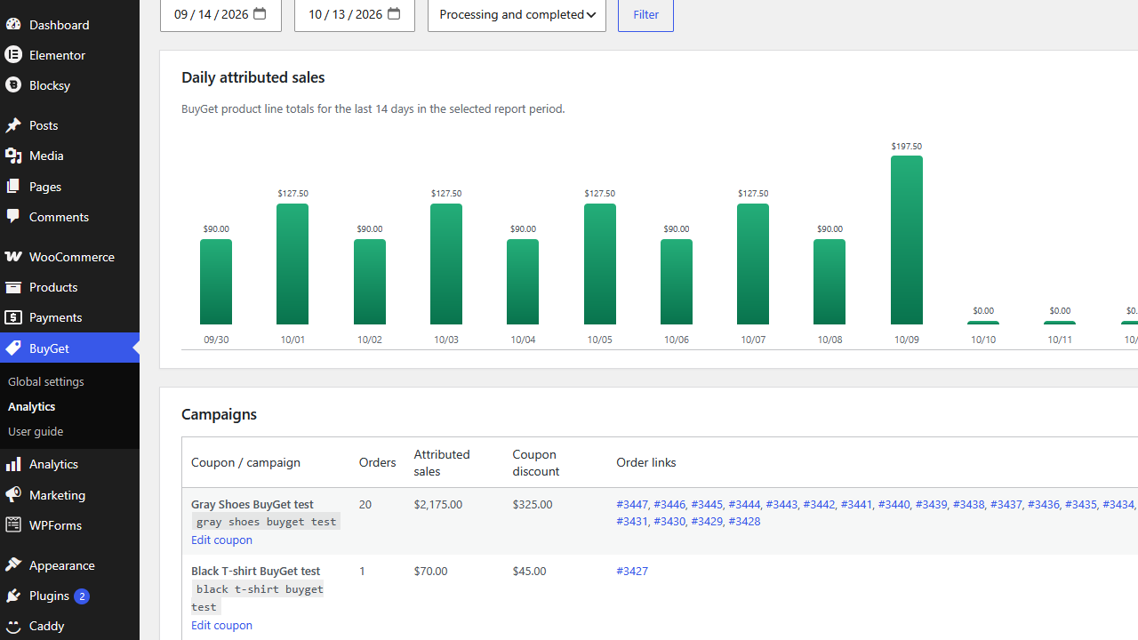 BuyGet daily attributed sales report and campaign analytics