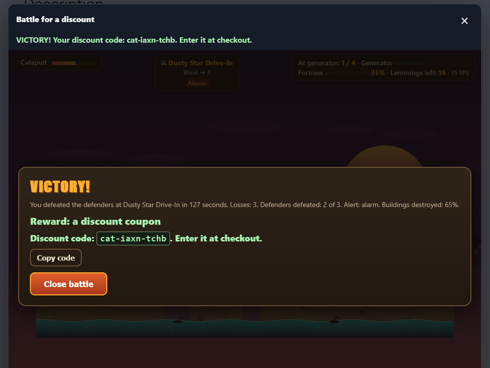 Victory message with discount coupon