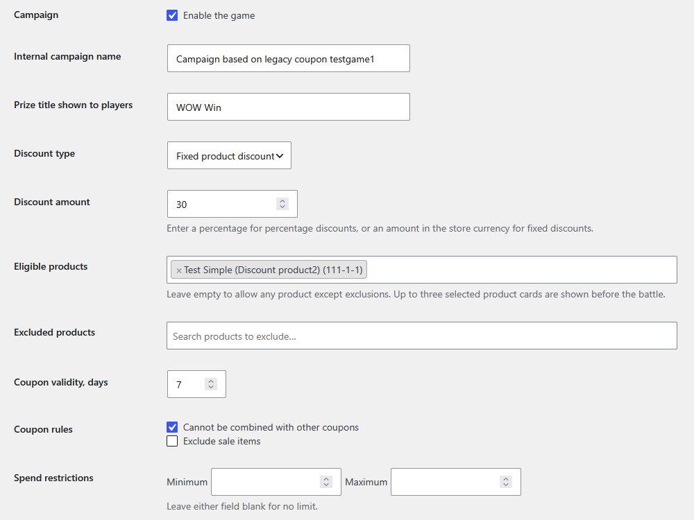 Game campaign and coupon settings