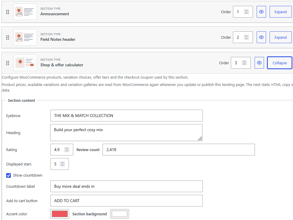 Landing page builder configuration
