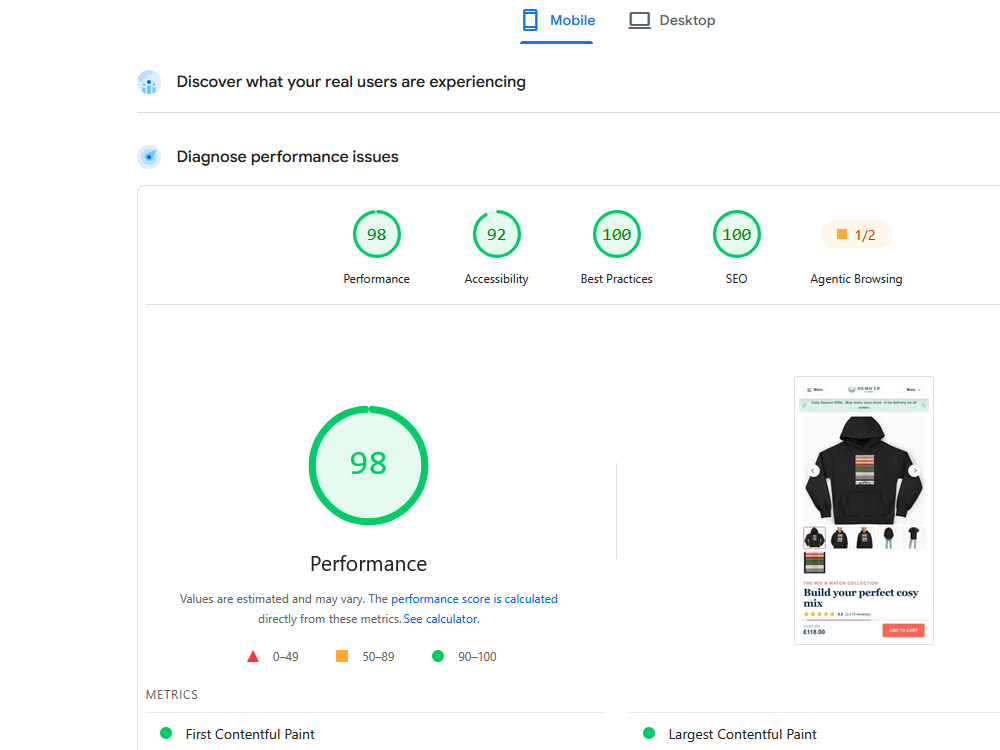 Mobile performance report and page preview